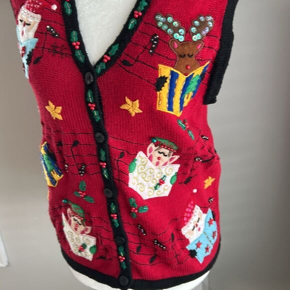 Vintage Bobbie Brooks Holiday Christmas Caroling Santa Sweater Vest Medium - Picture 2 of 8